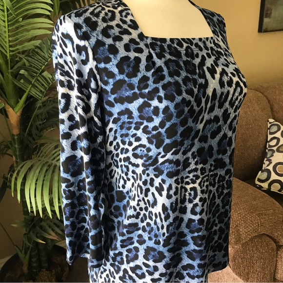 Susan Graver blue animal print square neck stretch top - Picture 4 of 5